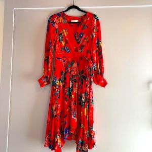 Anthropologie long sleeve red floral faux wrap dress with side tie